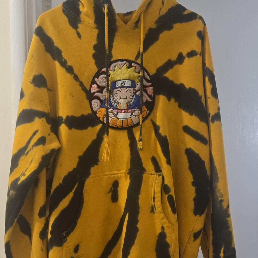 Yellow and Black Tie-Dye Hoodie with Anime Patch